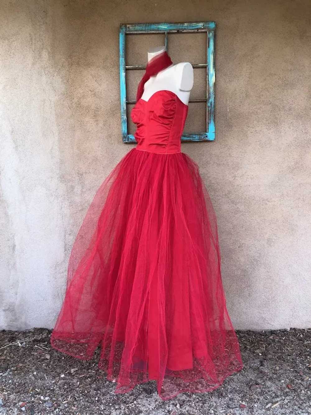 1950s Red Tulle Party Dress Formal Gown Sz S W26 - image 4