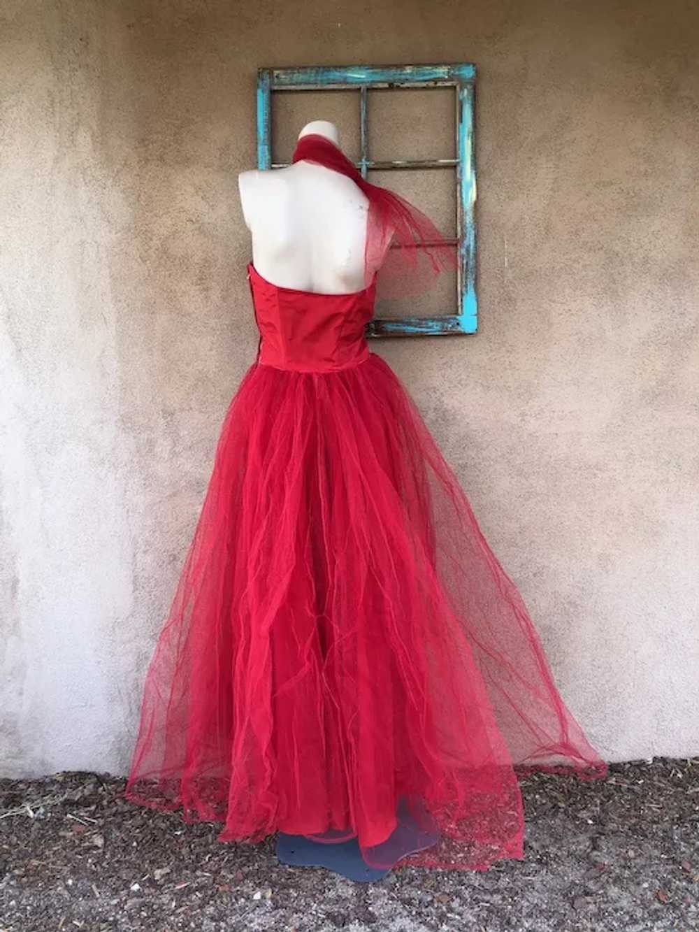 1950s Red Tulle Party Dress Formal Gown Sz S W26 - image 8