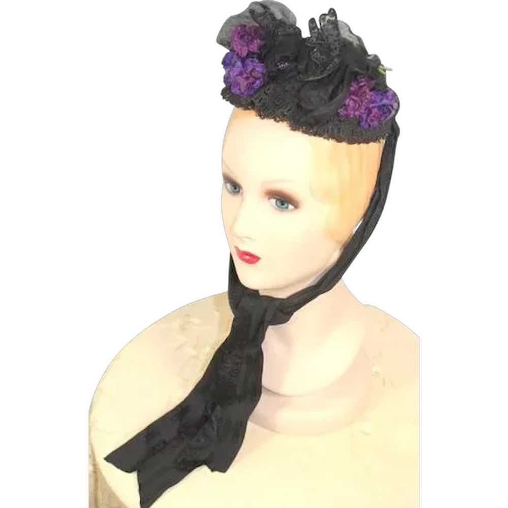Victorian 1880s Embellished Black Toque Bonnet w/… - image 1