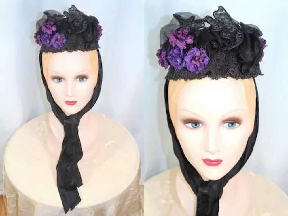 Victorian 1880s Embellished Black Toque Bonnet w/… - image 3