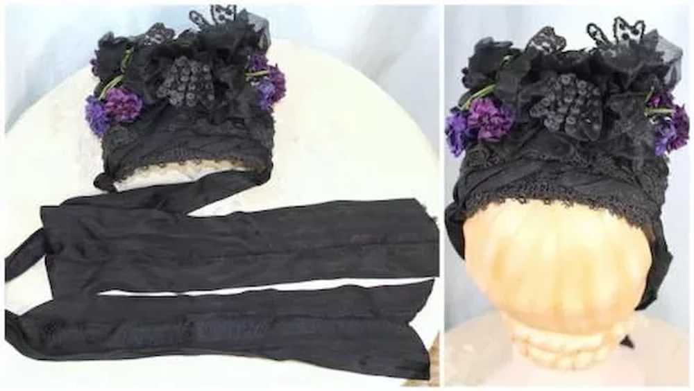 Victorian 1880s Embellished Black Toque Bonnet w/… - image 5