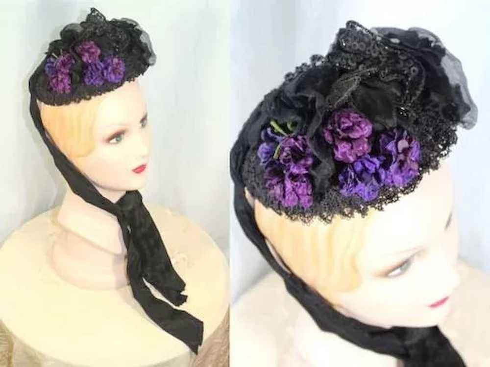 Victorian 1880s Embellished Black Toque Bonnet w/… - image 8