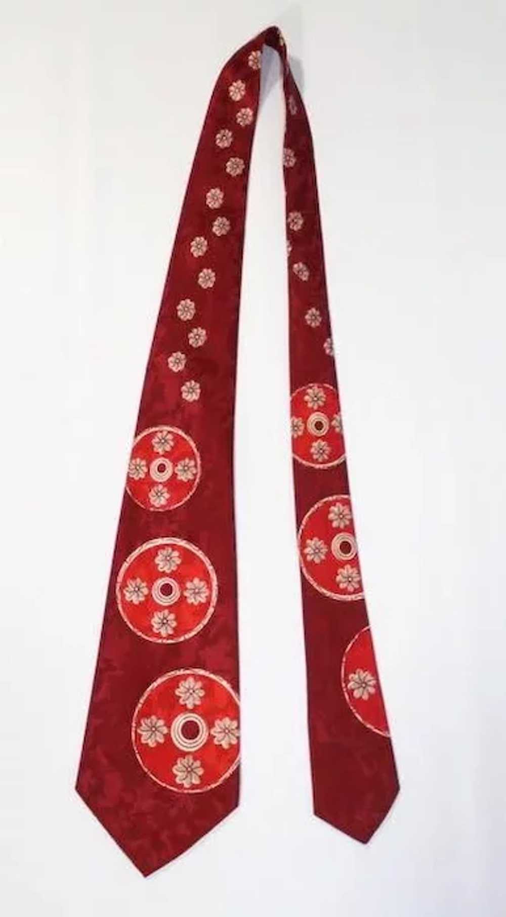 Vintage 1950s Red Wheel Trio Jacquard Rayon Satin… - image 3