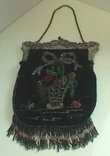 Ladies Black velvet antique Floral Beaded bag Purs