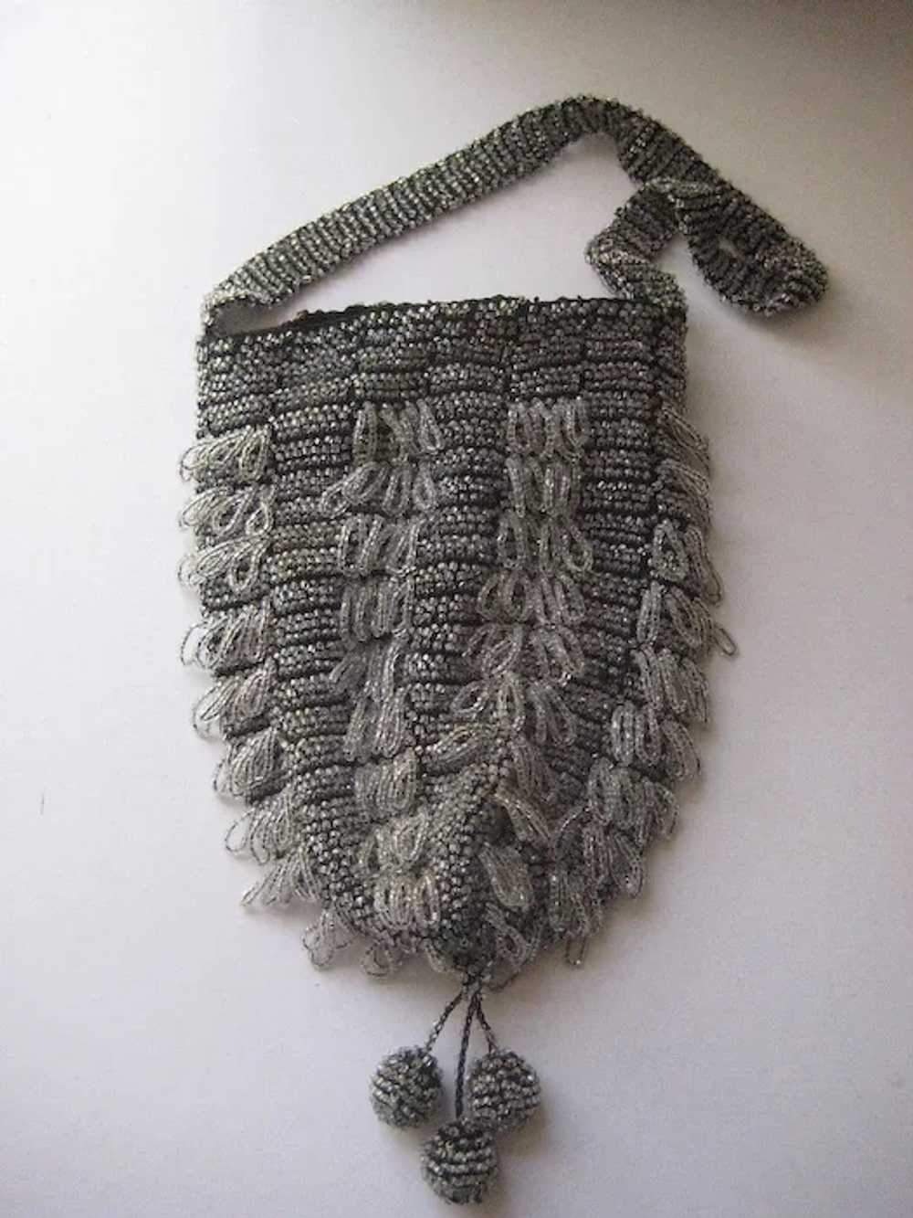 1920's Glass Hand Beaded Purse with 3 Beaded Dang… - image 2