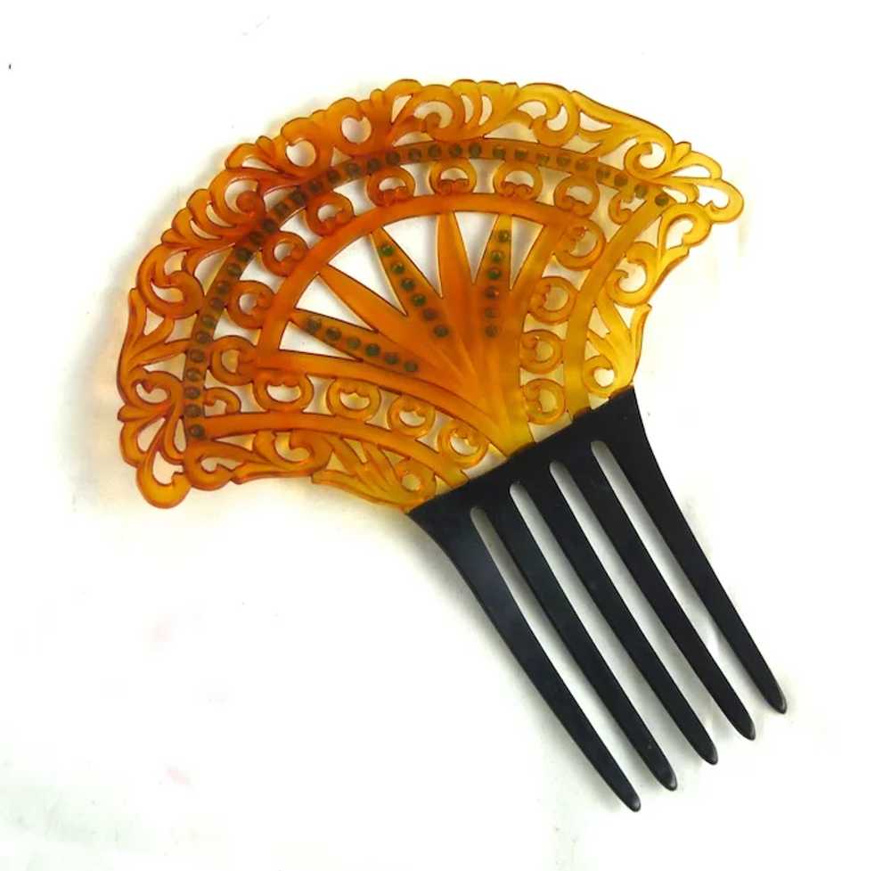 Vintage Art Deco Celluloid and Rhinestone Comb Or… - image 3