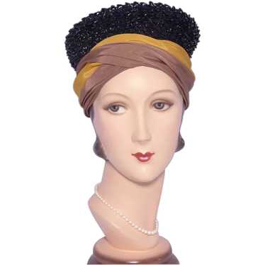 Vintage 1960s Turban Hat Black Straw Crown Gold a… - image 1