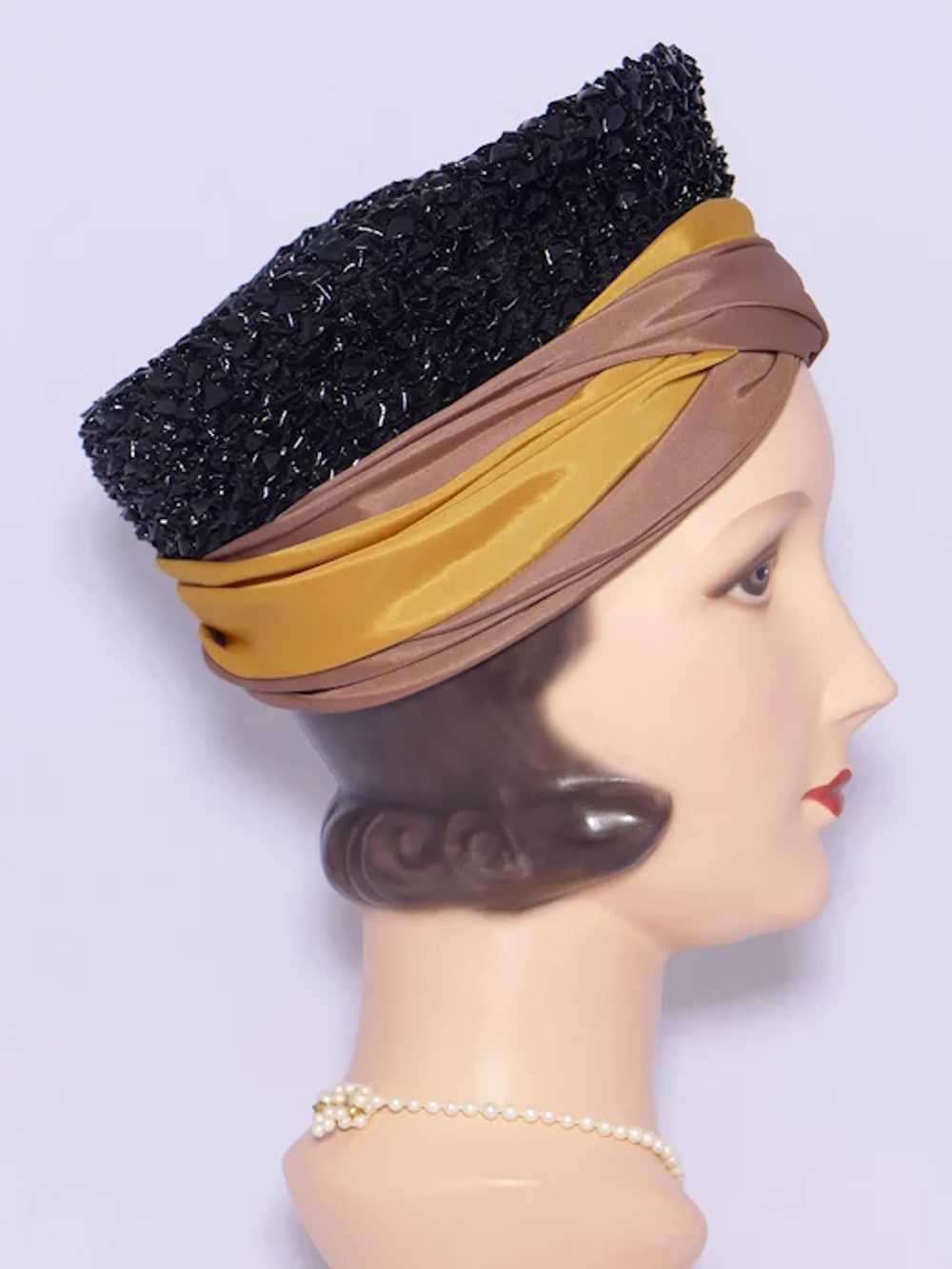 Vintage 1960s Turban Hat Black Straw Crown Gold a… - image 2
