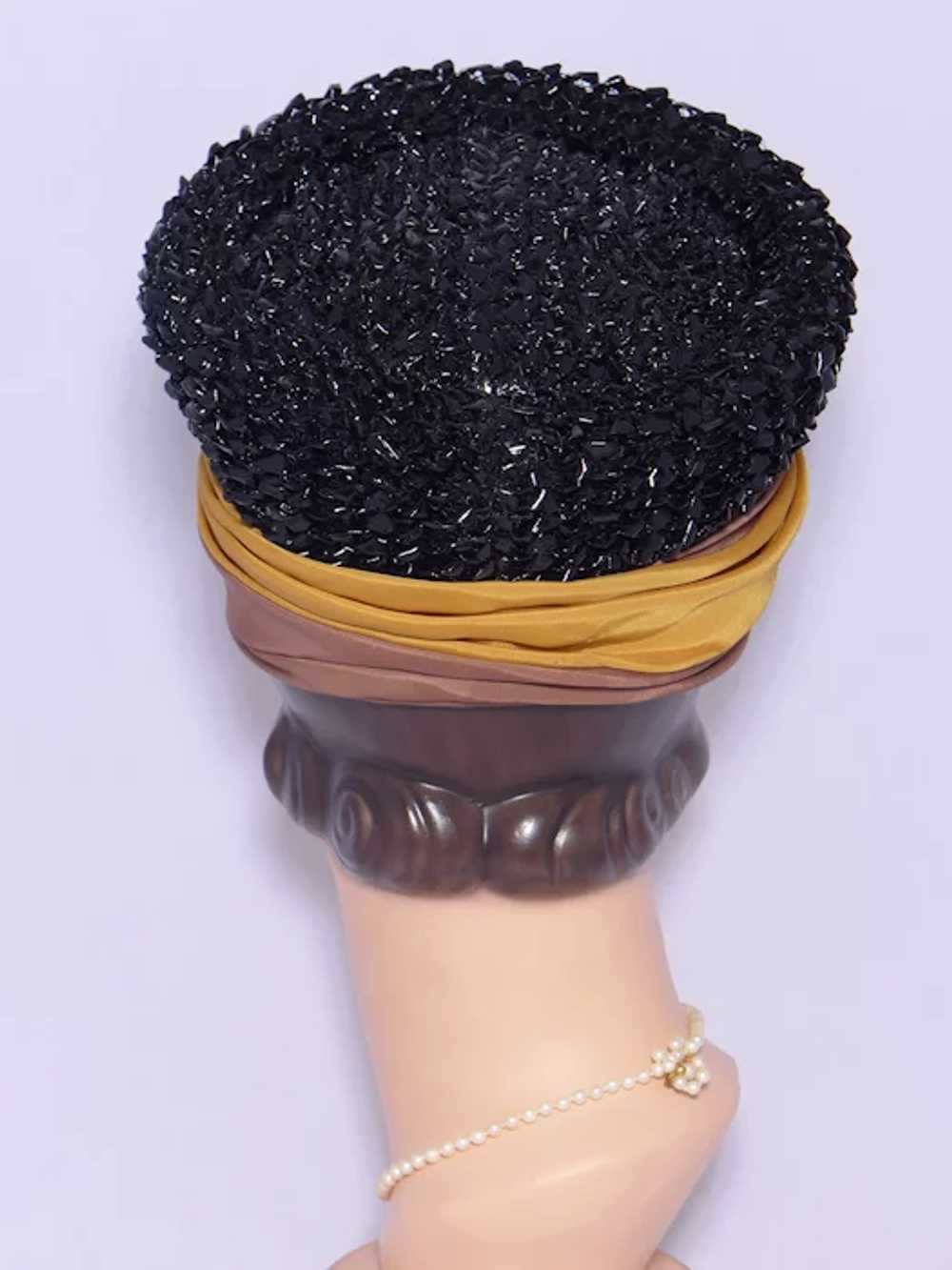 Vintage 1960s Turban Hat Black Straw Crown Gold a… - image 3