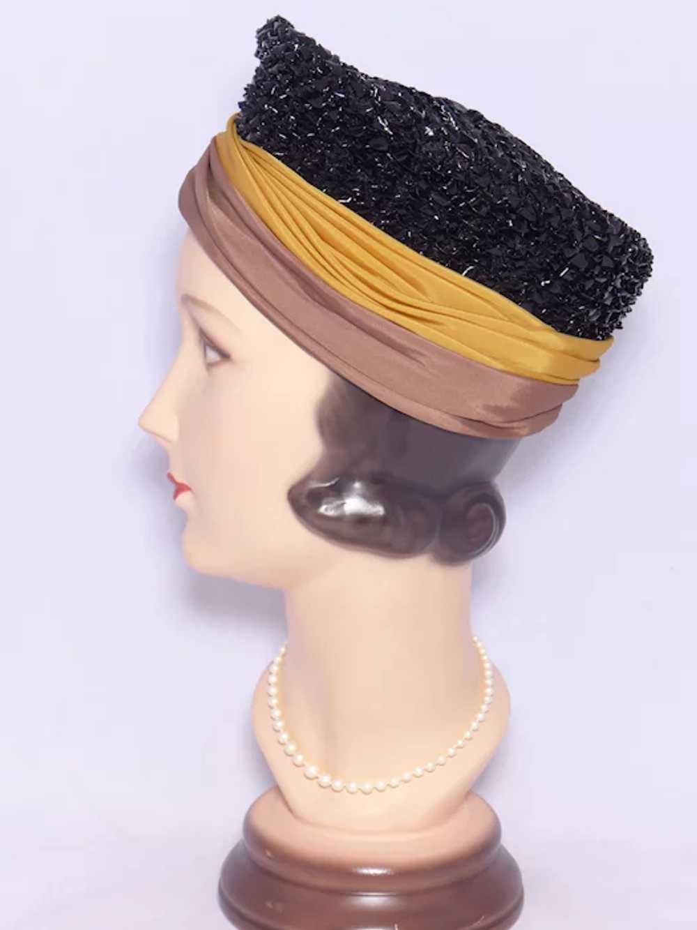 Vintage 1960s Turban Hat Black Straw Crown Gold a… - image 4