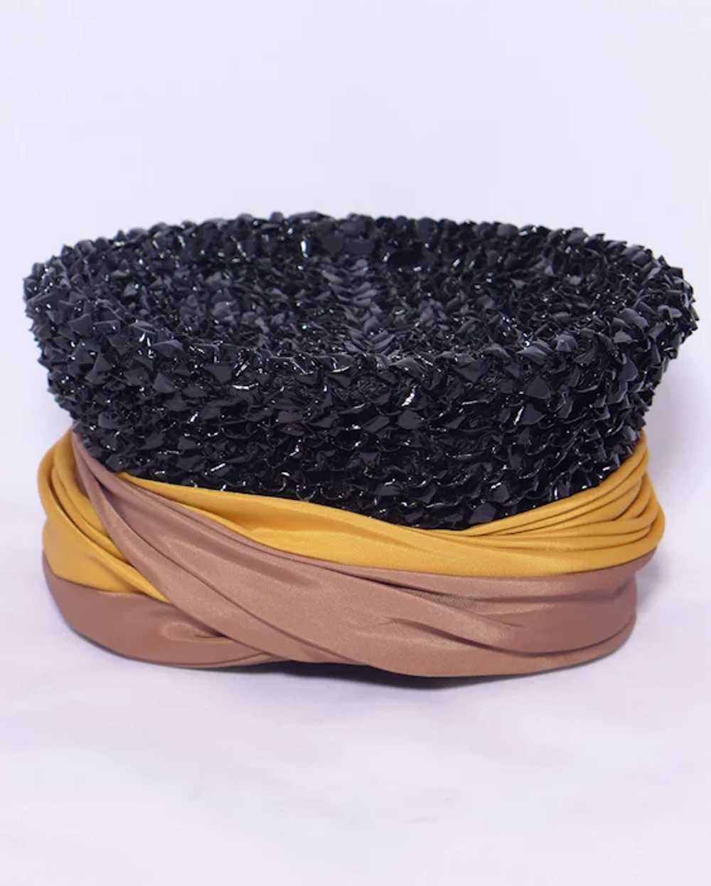 Vintage 1960s Turban Hat Black Straw Crown Gold a… - image 5
