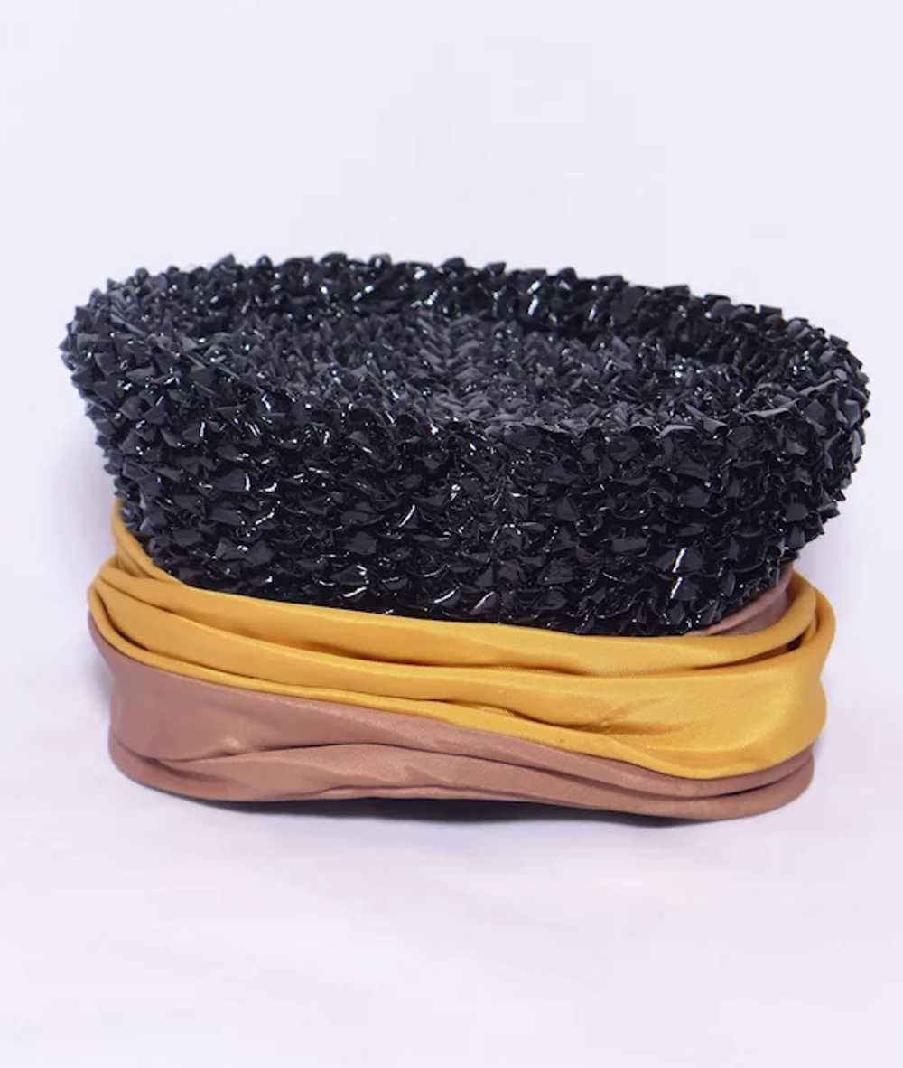 Vintage 1960s Turban Hat Black Straw Crown Gold a… - image 6