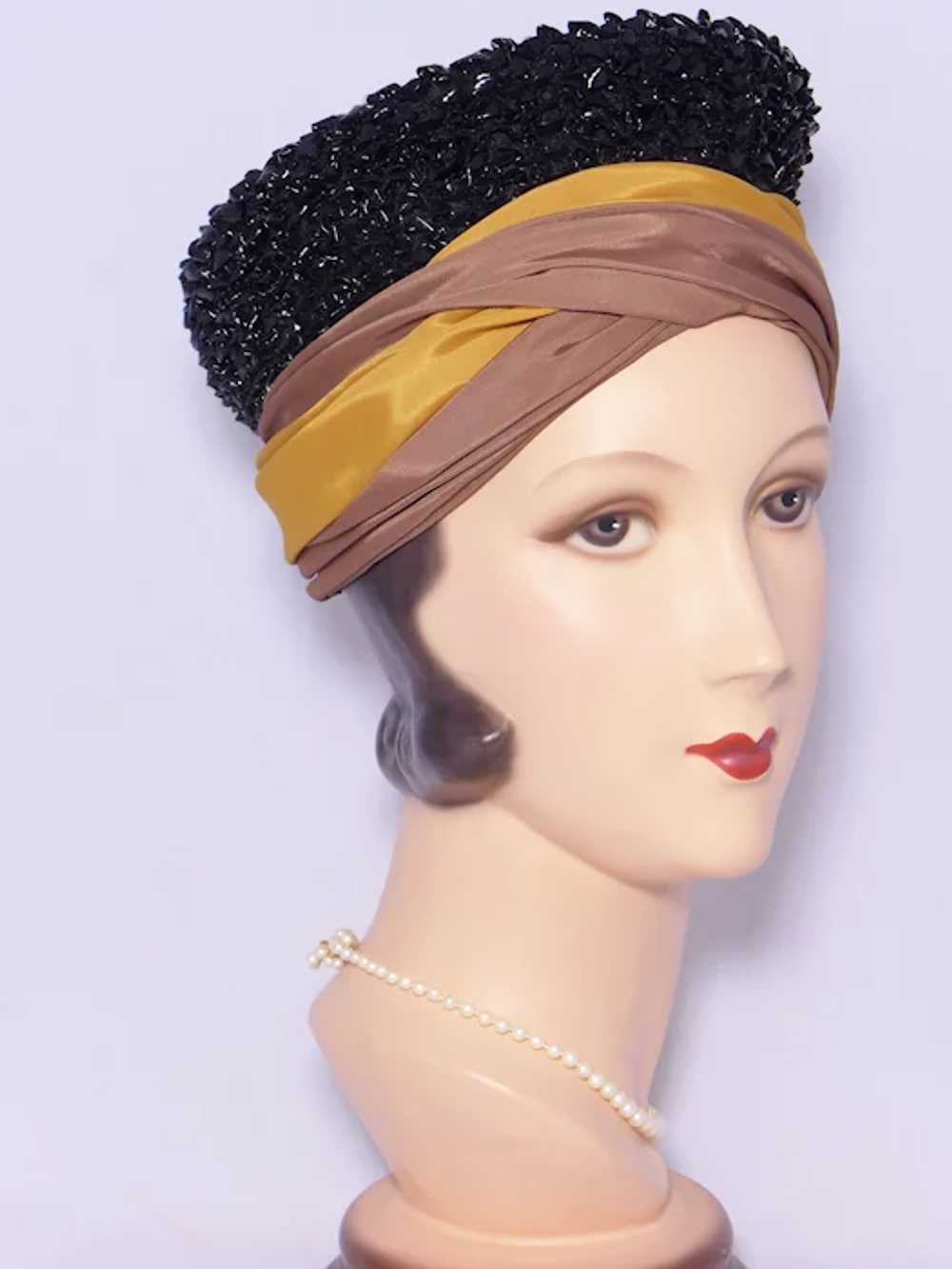 Vintage 1960s Turban Hat Black Straw Crown Gold a… - image 8