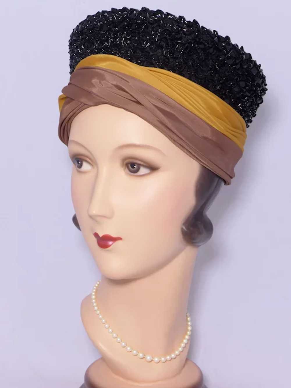 Vintage 1960s Turban Hat Black Straw Crown Gold a… - image 9