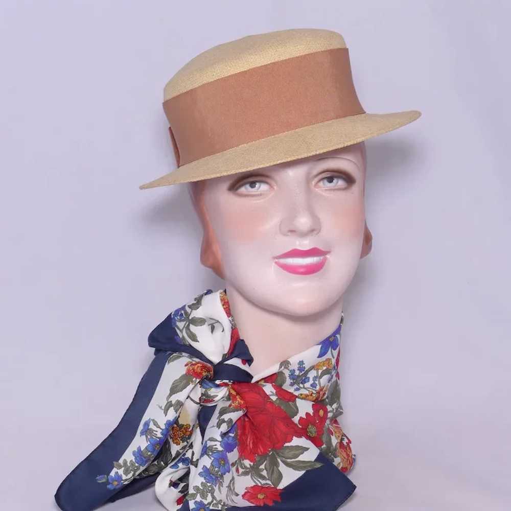 Vintage 1950s Natural Woven Straw Boater Hat VFG … - image 2