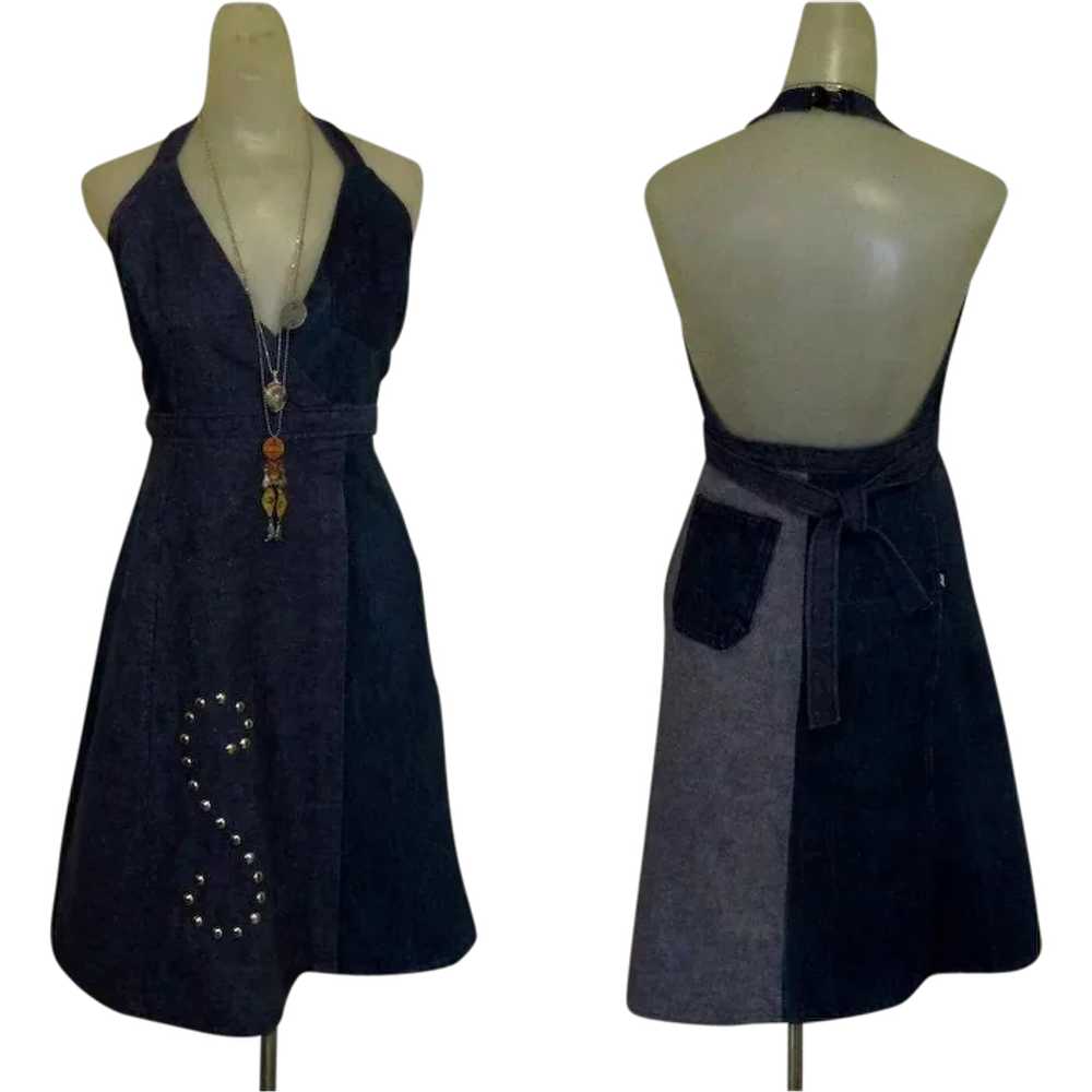 Vintage 70’s Halter Dress, Denim Jean, Backless, … - image 1