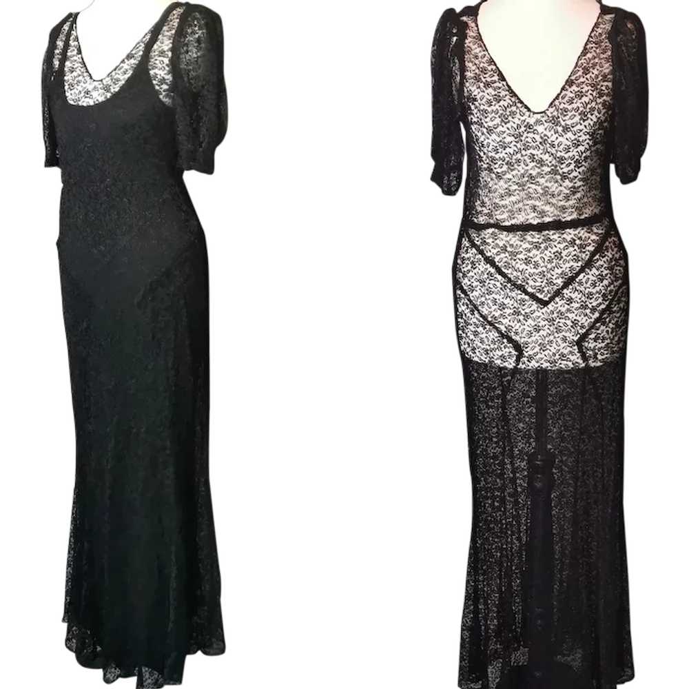 Vintage 1930's Black lace dress, bias cut gown, s… - image 1