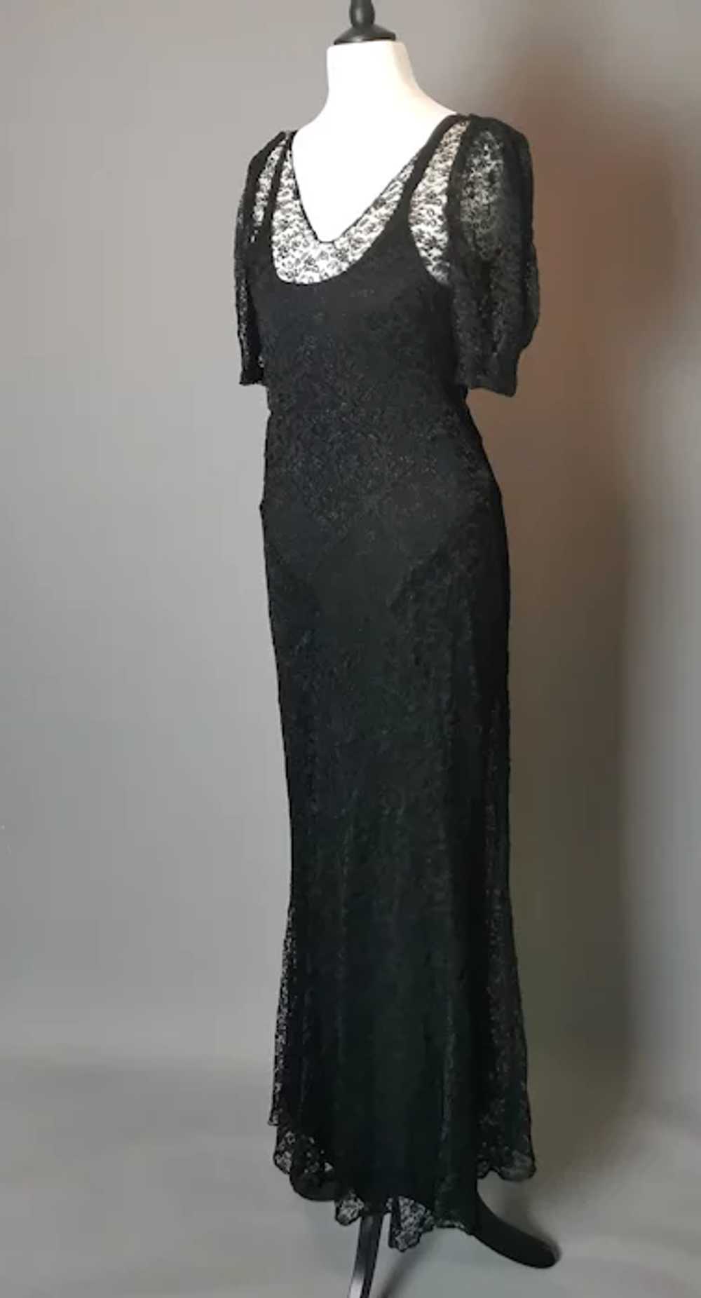 Vintage 1930's Black lace dress, bias cut gown, s… - image 2