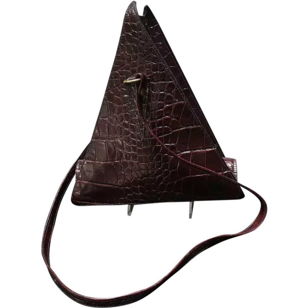 Vintage Unusual Triangular Embossed Leather Handb… - image 1