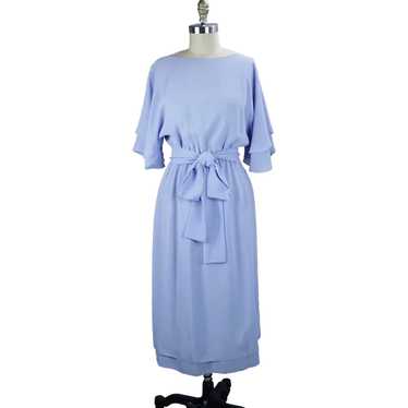 80s Don Wolf Couture Blue Crepe Midi Dress with B… - image 1