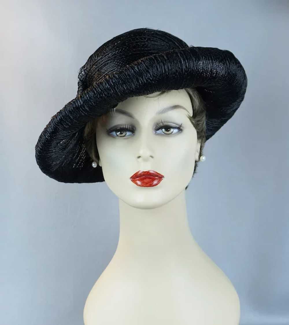 60s Black Wide Brim Asymmetrical Straw Hat by Amy - image 10