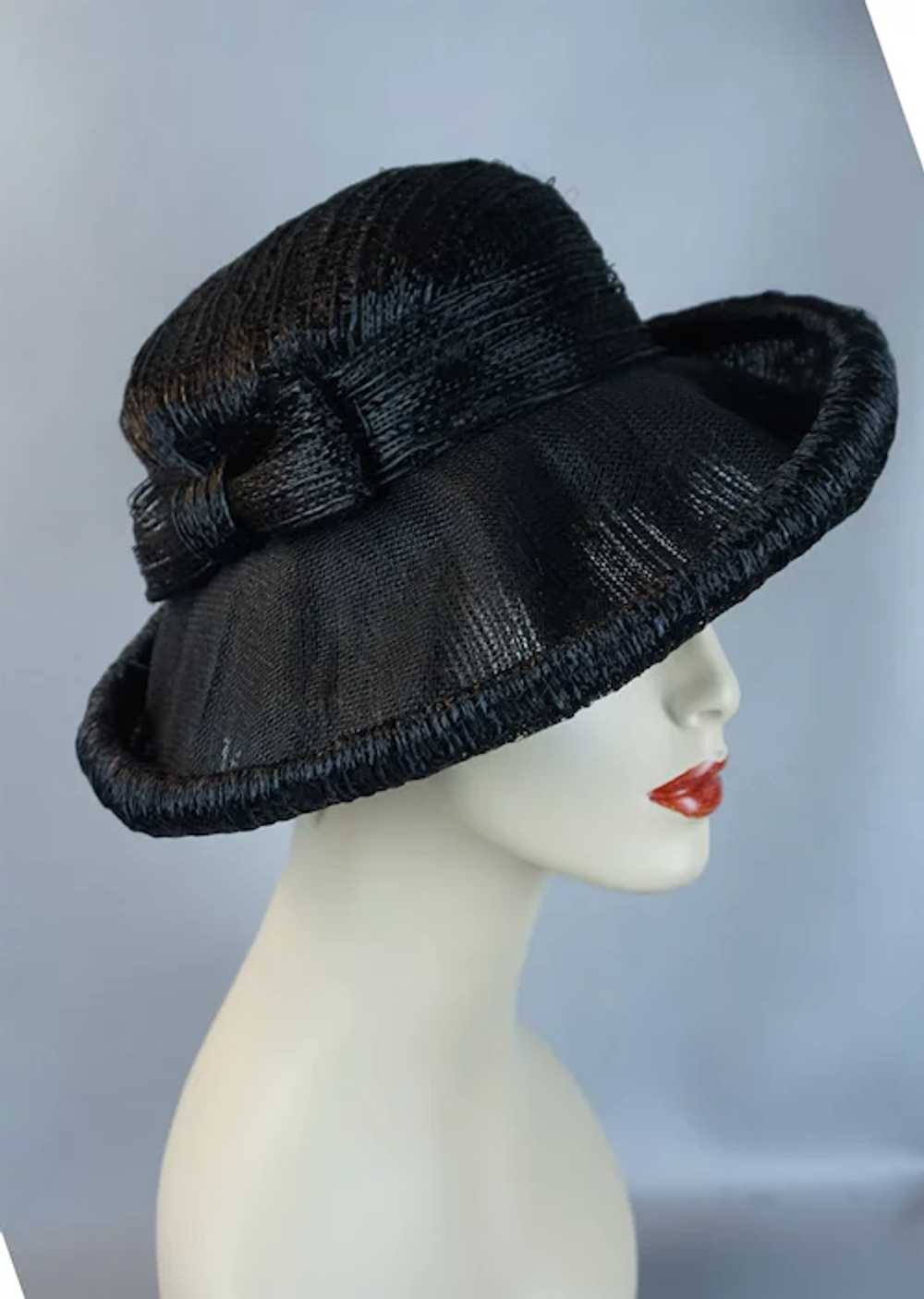 60s Black Wide Brim Asymmetrical Straw Hat by Amy - image 3