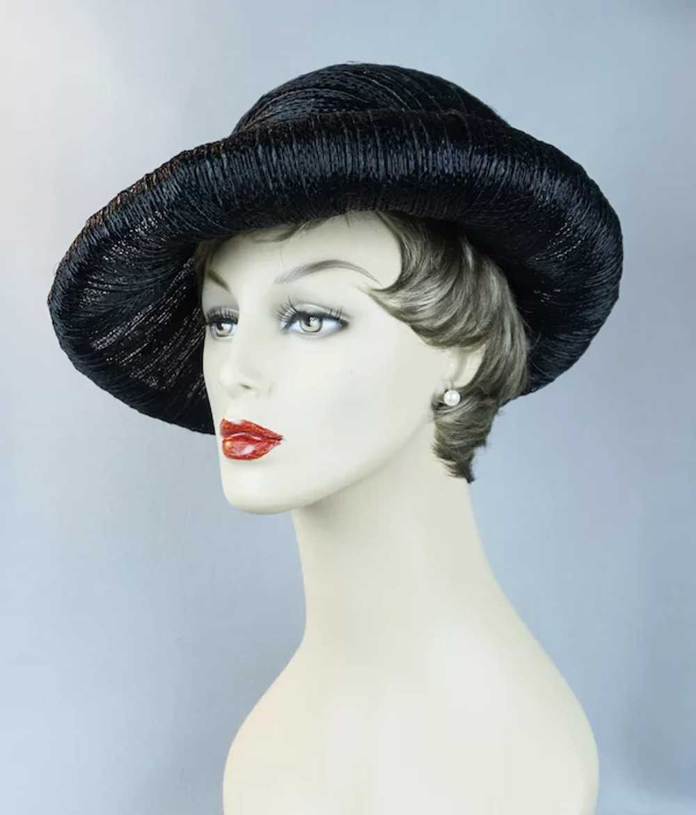 60s Black Wide Brim Asymmetrical Straw Hat by Amy - image 5