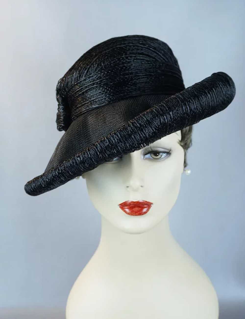 60s Black Wide Brim Asymmetrical Straw Hat by Amy - image 6