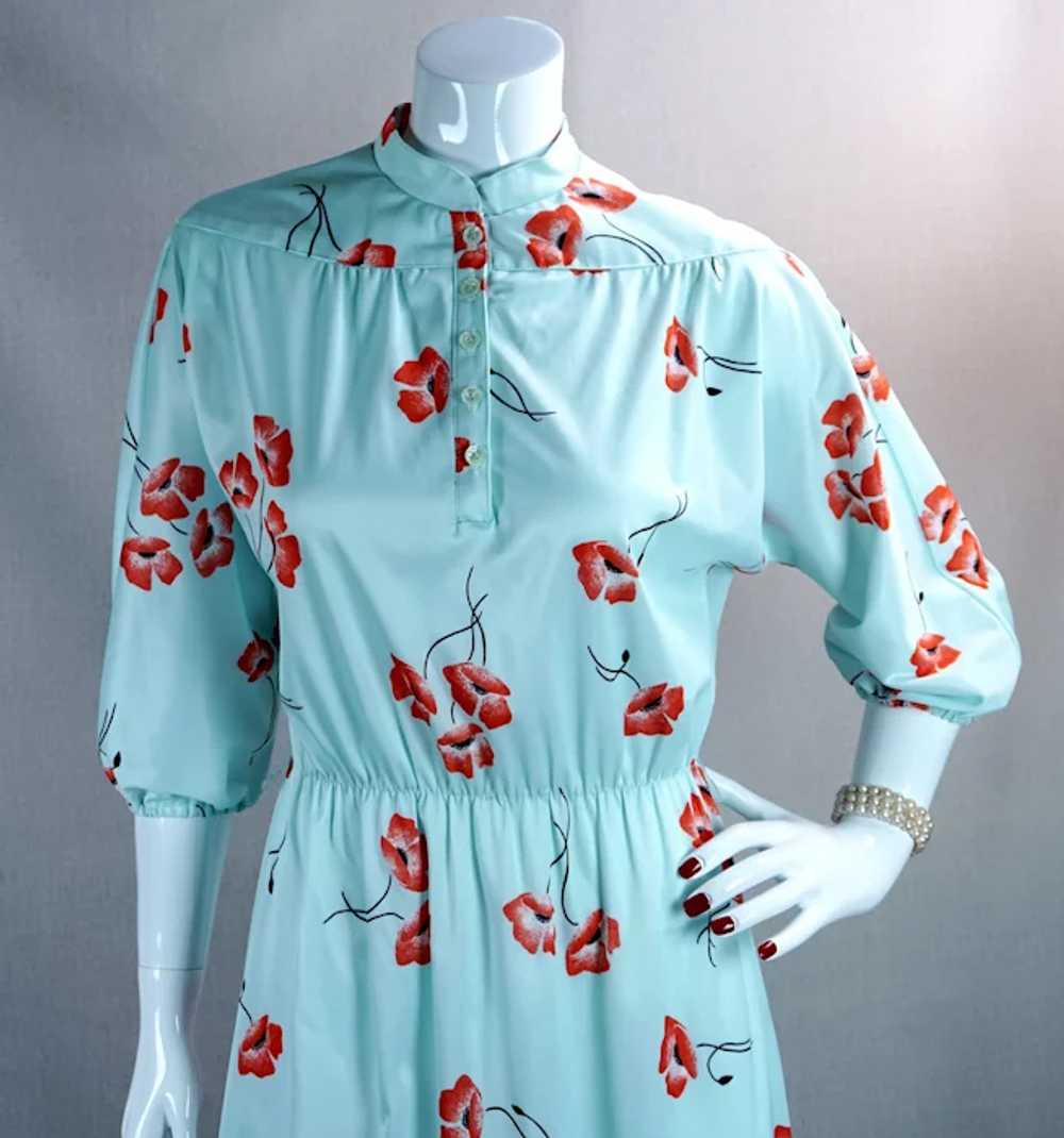 70s Jersey Knit Mint Green and Red Poppy Dress, B… - image 2