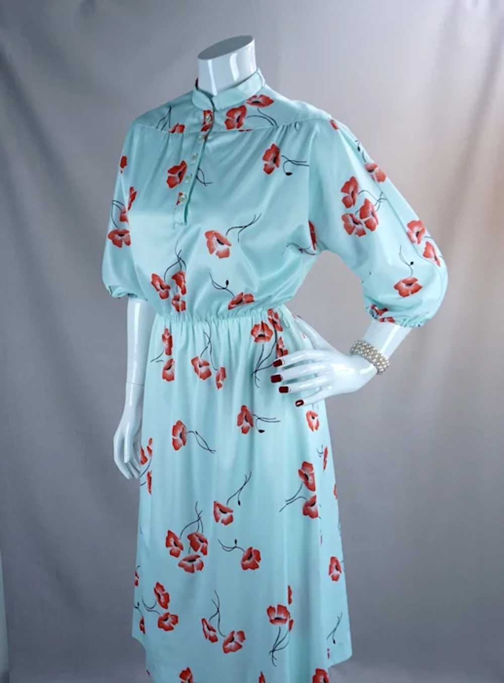 70s Jersey Knit Mint Green and Red Poppy Dress, B… - image 6