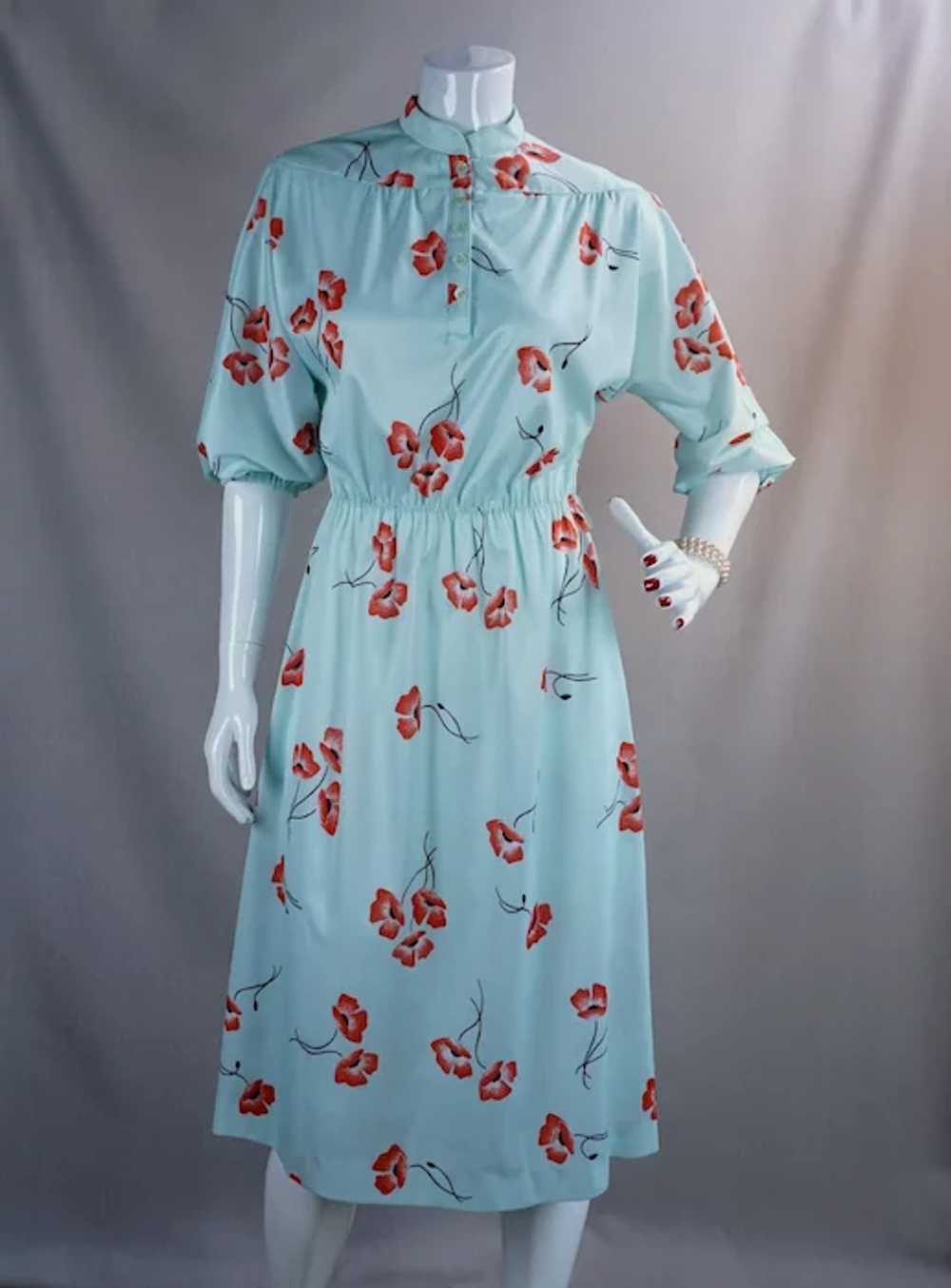 70s Jersey Knit Mint Green and Red Poppy Dress, B… - image 8