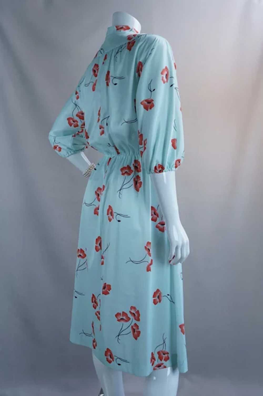 70s Jersey Knit Mint Green and Red Poppy Dress, B… - image 9