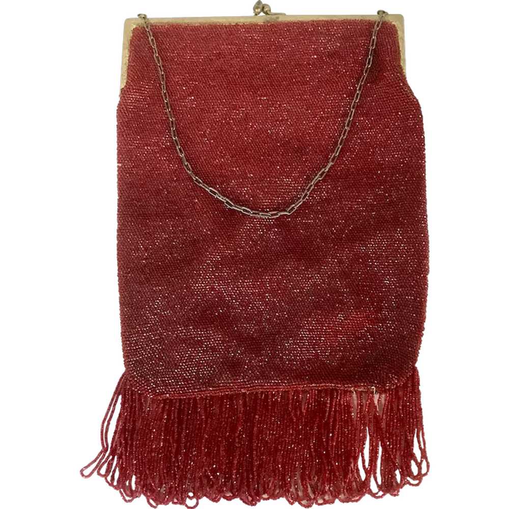 Vintage Large Red Micro Glass Bead Flapper Bag - image 1