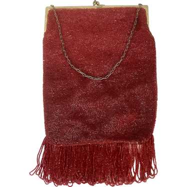 Vintage Large Red Micro Glass Bead Flapper Bag - image 1