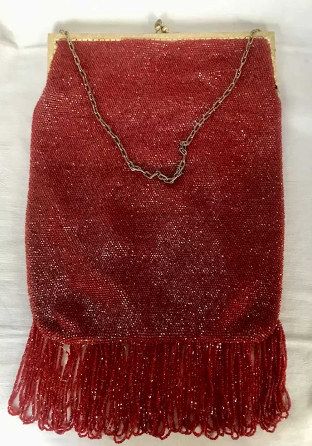Vintage Large Red Micro Glass Bead Flapper Bag - image 2