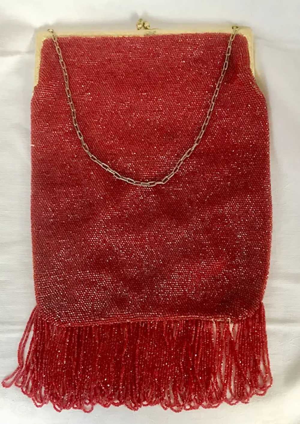 Vintage Large Red Micro Glass Bead Flapper Bag - image 5