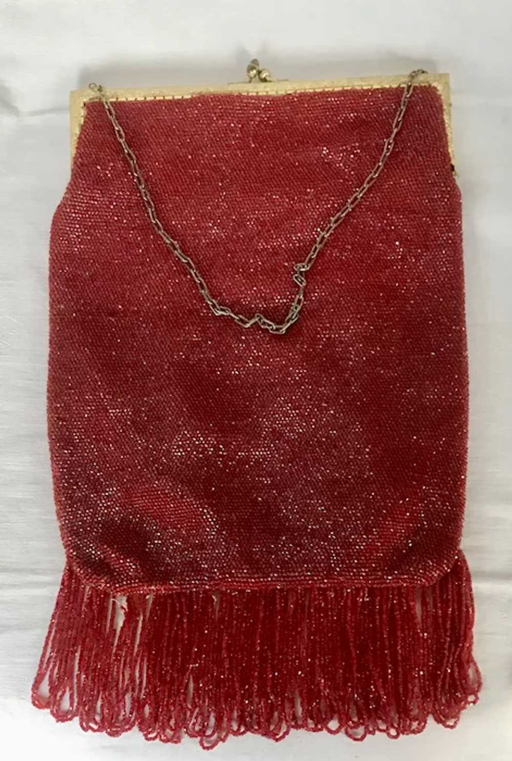Vintage Large Red Micro Glass Bead Flapper Bag - image 6