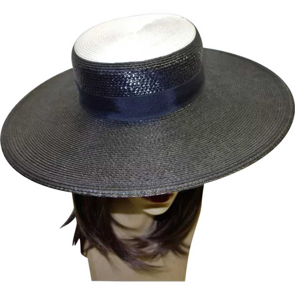 Elegant Vintage Black and White Straw Picture Hat… - image 1