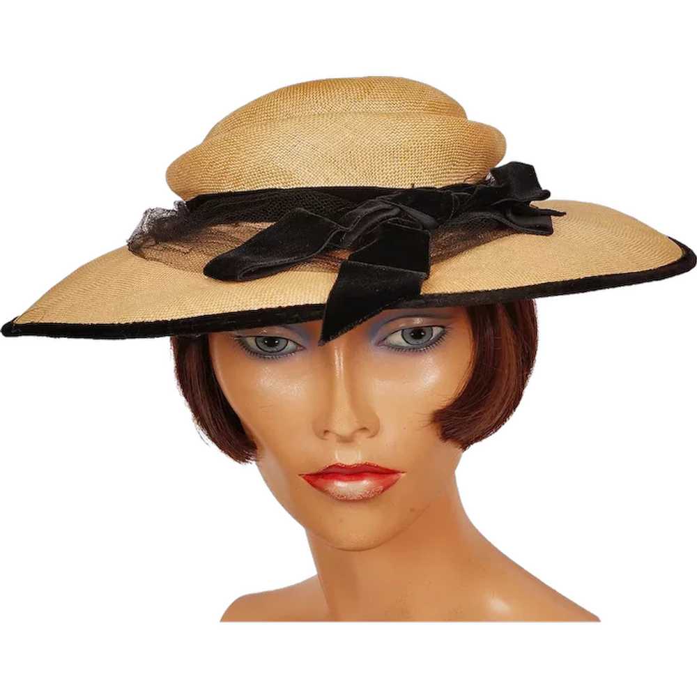 Vintage 1950s Natural Straw Wide Brim Hat with Bl… - image 1