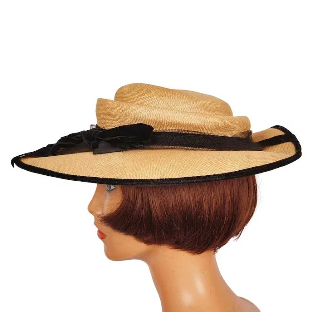Vintage 1950s Natural Straw Wide Brim Hat with Bl… - image 2