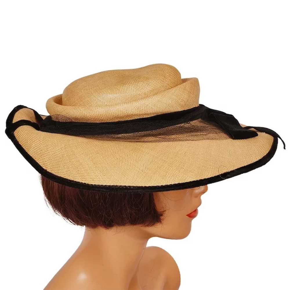 Vintage 1950s Natural Straw Wide Brim Hat with Bl… - image 3