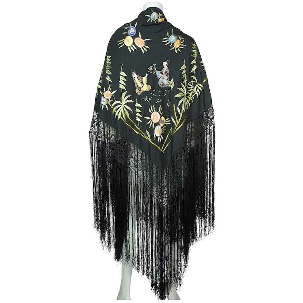 Art Deco Chinese Canton Silk Embroidered Shawl Pe… - image 1