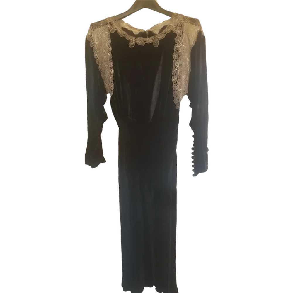 Art Deco Black Velvet & Silver Metallic Lace Gown - image 1