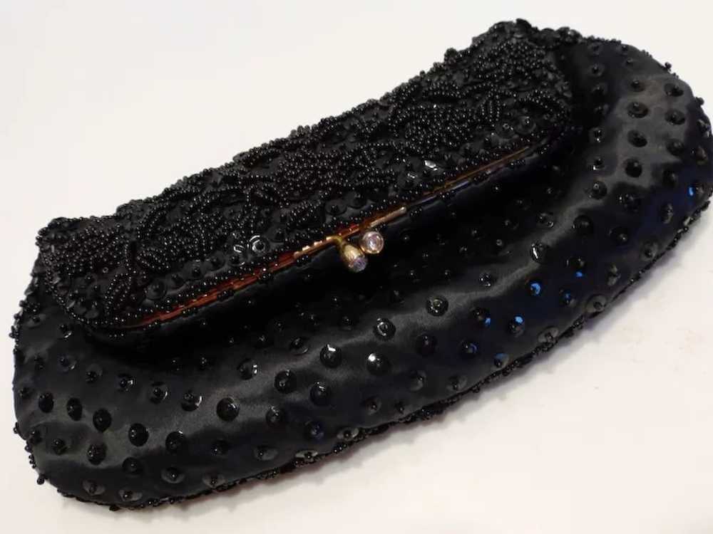 Vintage Black Beaded Sequined Clutch Handbag Purse - image 5