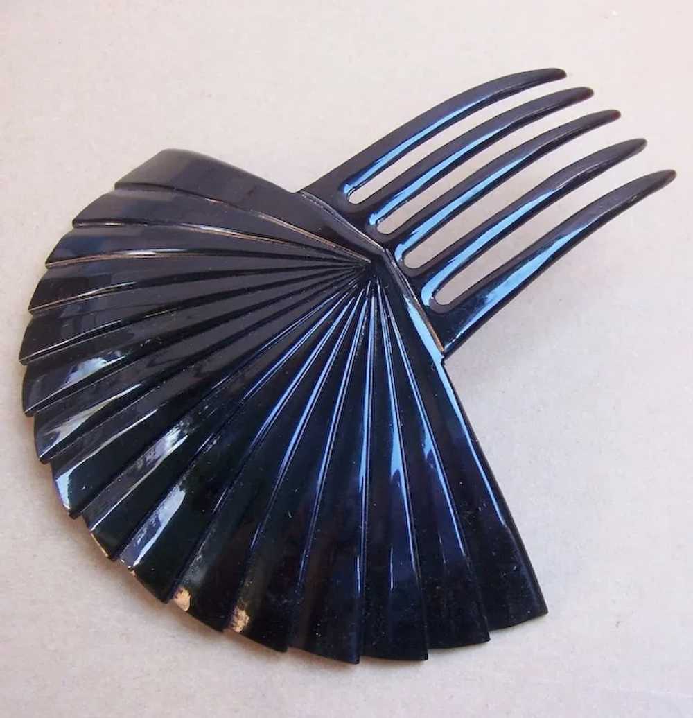 Hair Comb Art Deco Black Celluloid Sunray Design … - image 5