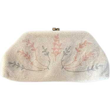 White Beaded Evening Clutch Purse with Pink & Blu… - image 1