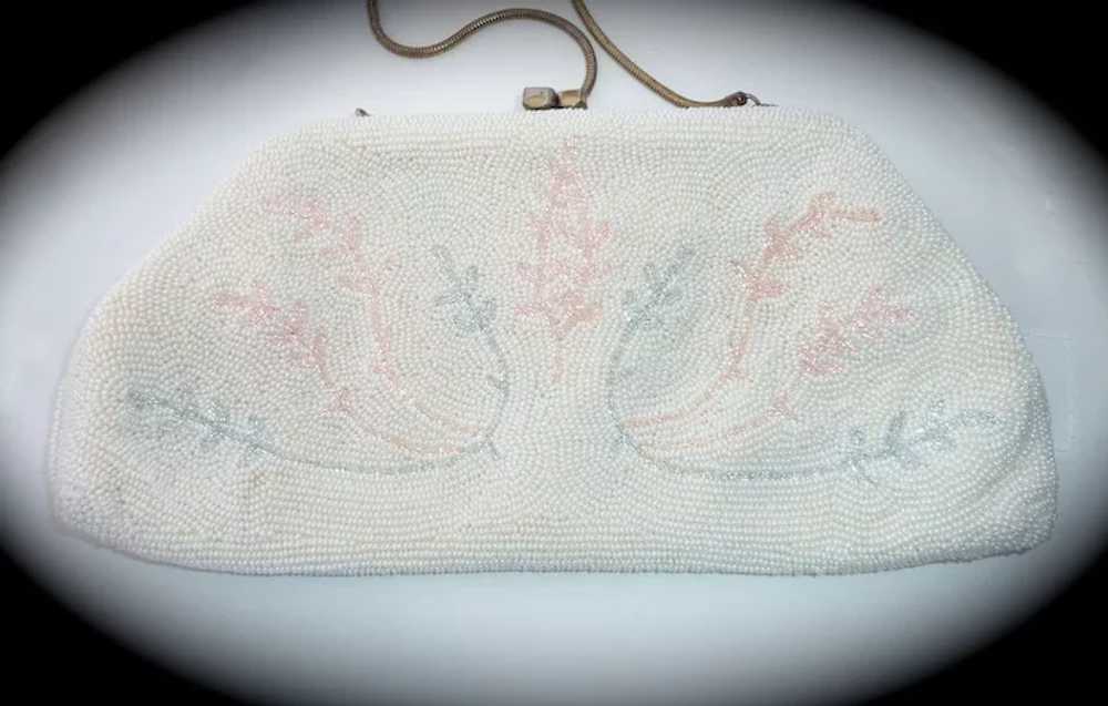 White Beaded Evening Clutch Purse with Pink & Blu… - image 4