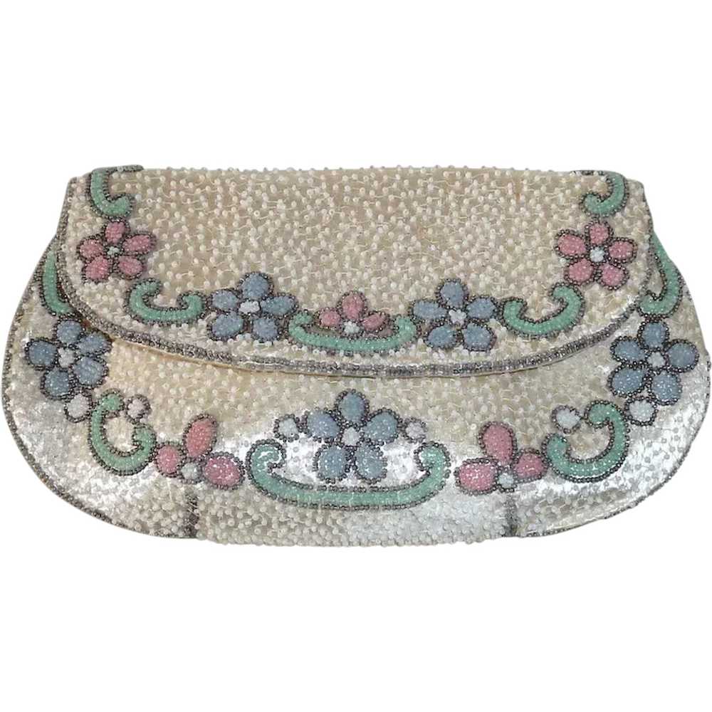 White Silk French Beaded Purse Floral Pastel Trim - image 1