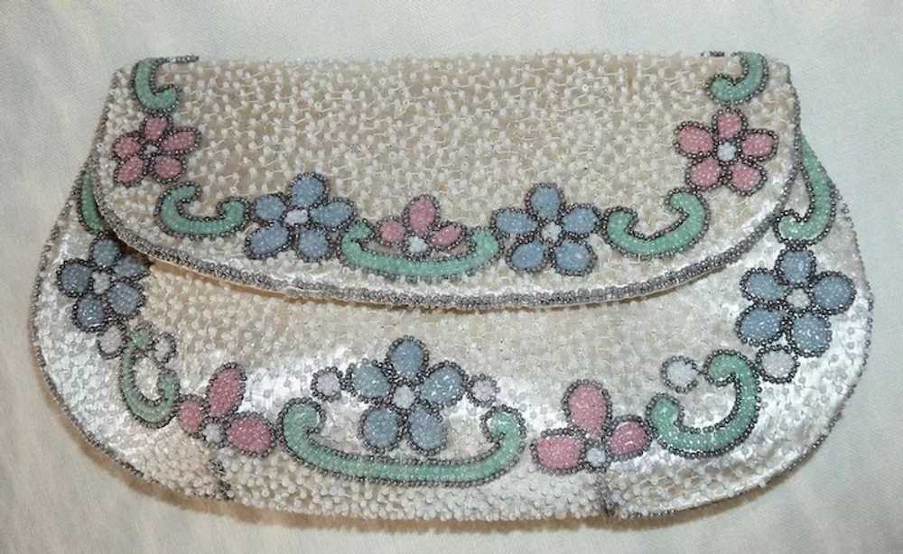 White Silk French Beaded Purse Floral Pastel Trim - image 2