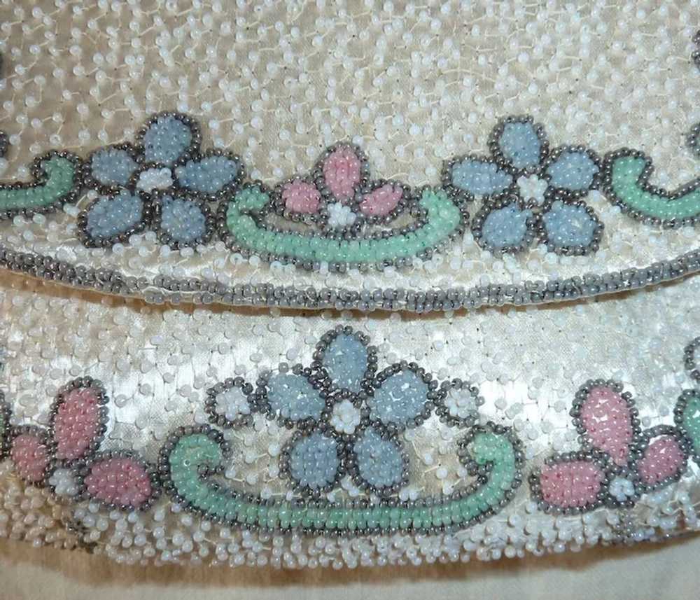White Silk French Beaded Purse Floral Pastel Trim - image 3